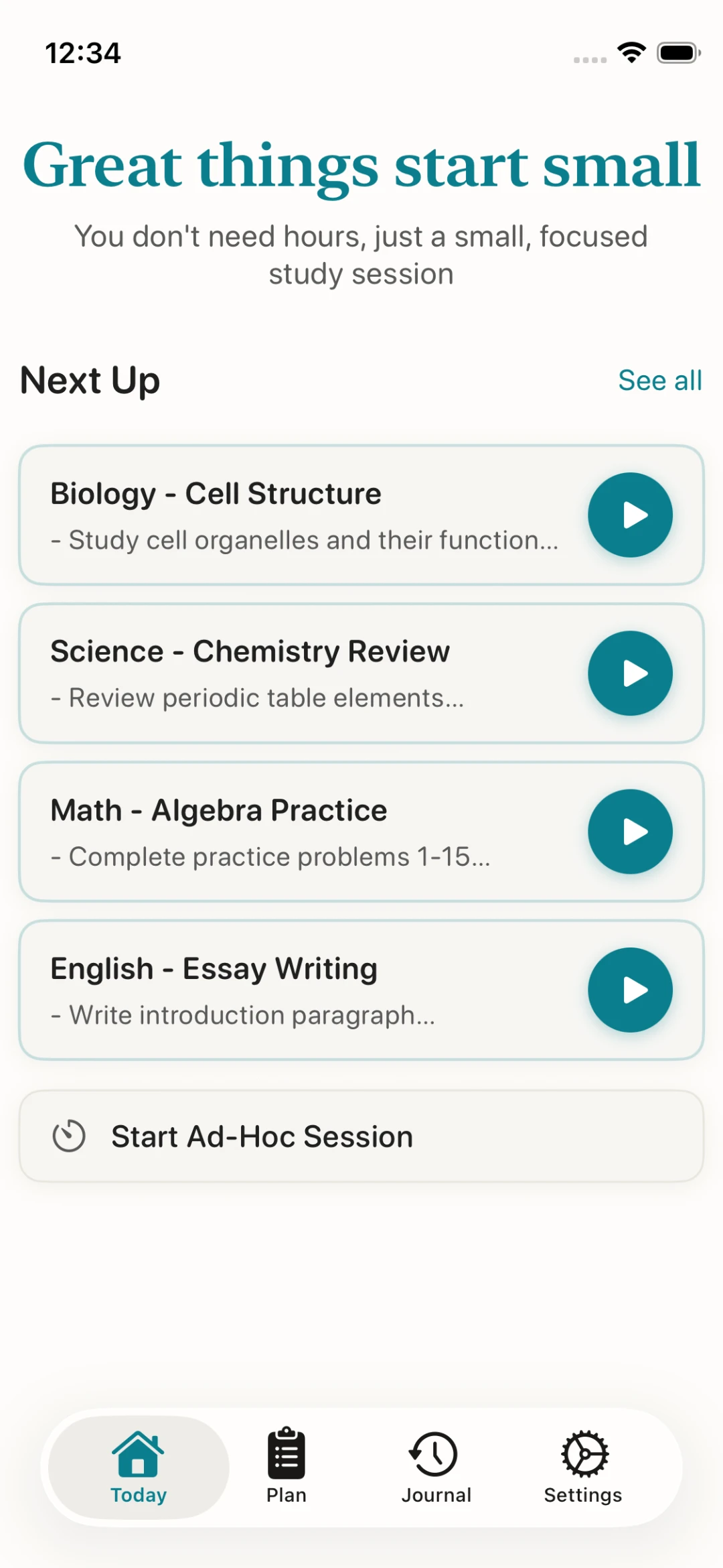 StudyEcho App - Main timer screen with Great things start small headline